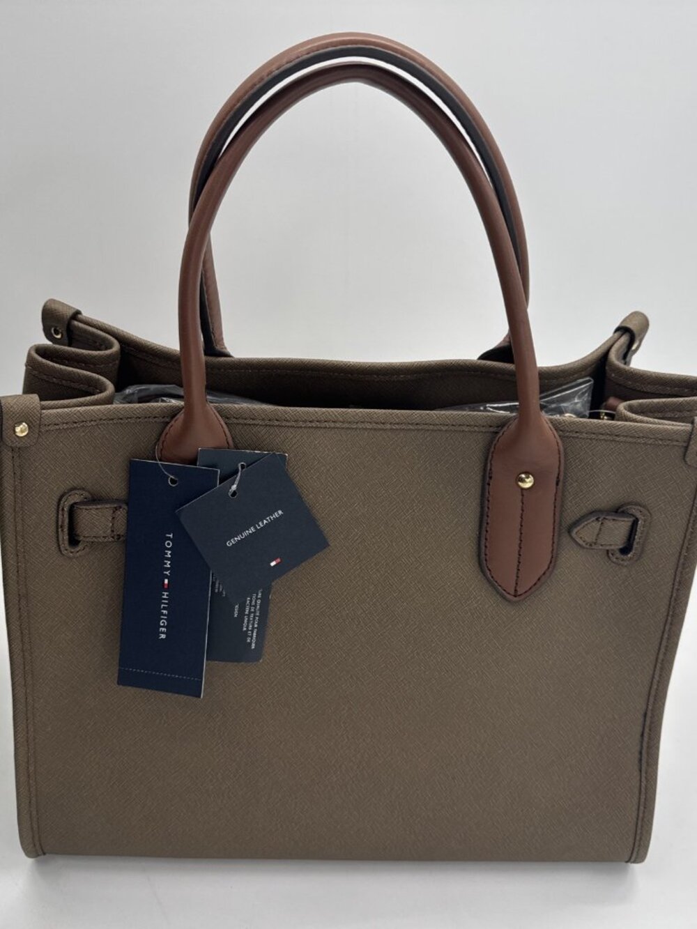 Tommy Hilfiger Shopper Tote Shoulder Bag Olive Green Tan Canvas Purse Strap NEW - Picture 3 of 15